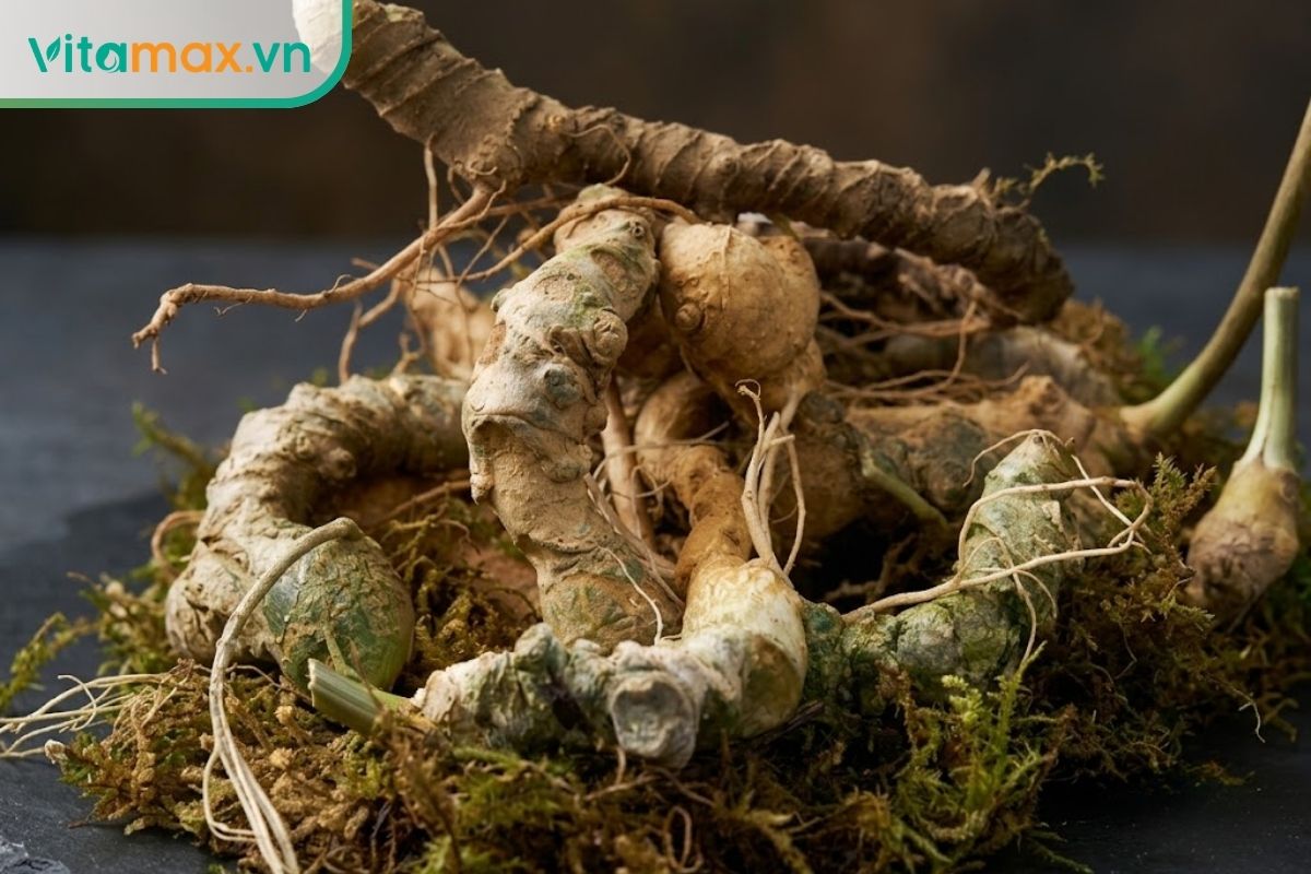 Chụp cận cảnh củ sâm tươi nguyên bản, nổi bật các đốt rễ sần sùi đặc trưng và một chút vết đất tự nhiên, đặt trên bề mặt phiến đá tối màu.