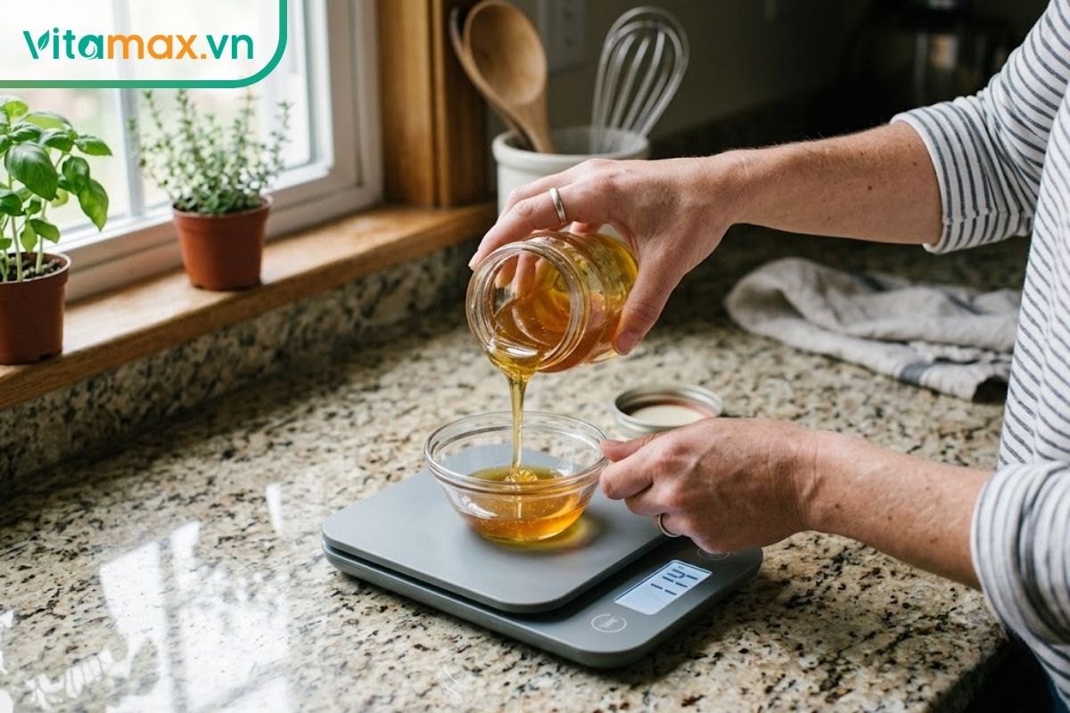 Bàn tay một người đang cẩn thận rót mật ong từ lọ vào một chiếc bát thủy tinh nhỏ đặt trên chiếc cân điện tử nhà bếp đang hiển thị số.