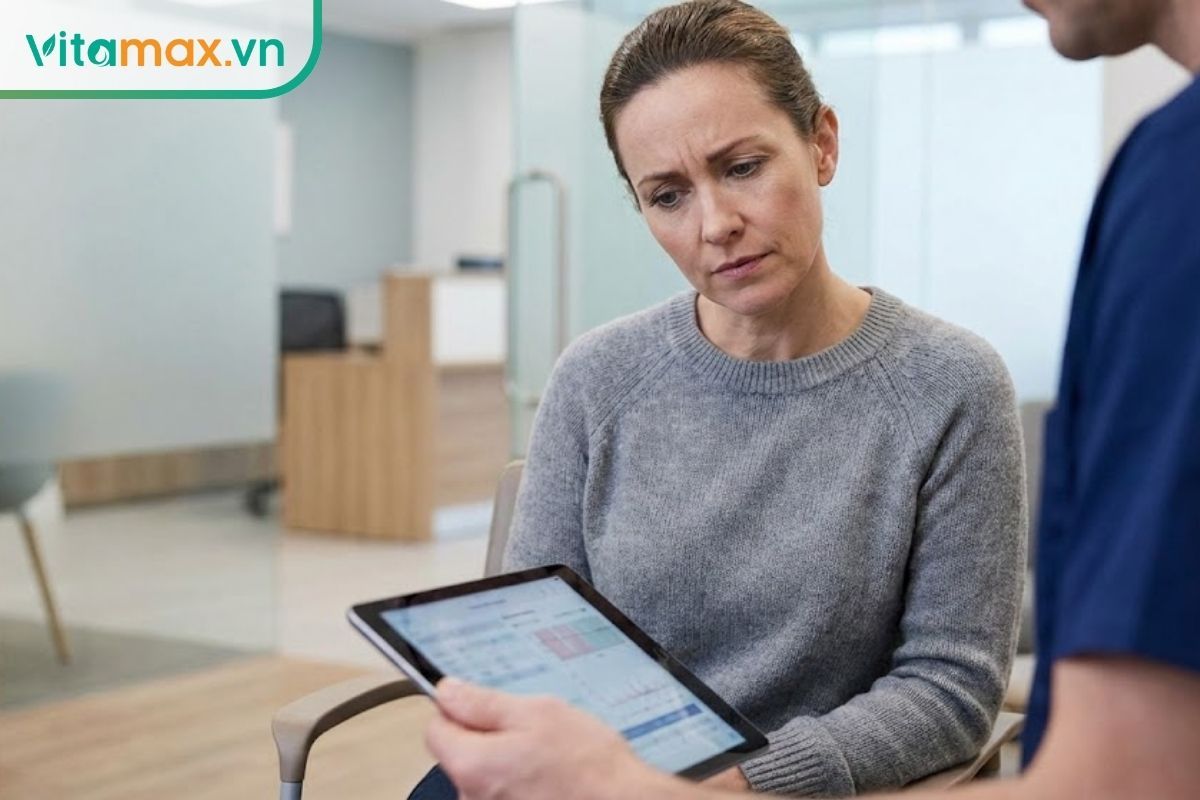 Phụ nữ đang xem hồ sơ bệnh án, minh họa cho nhóm đối tượng có u nhạy cảm hormone cần thận trọng với nhân sâm.