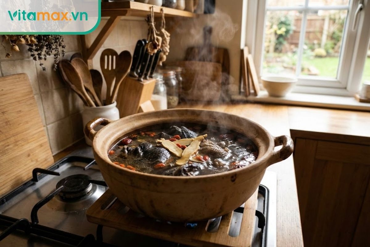 nồi canh gà ác hầm nhân sâm màu đen đặc trưng bổ dưỡng