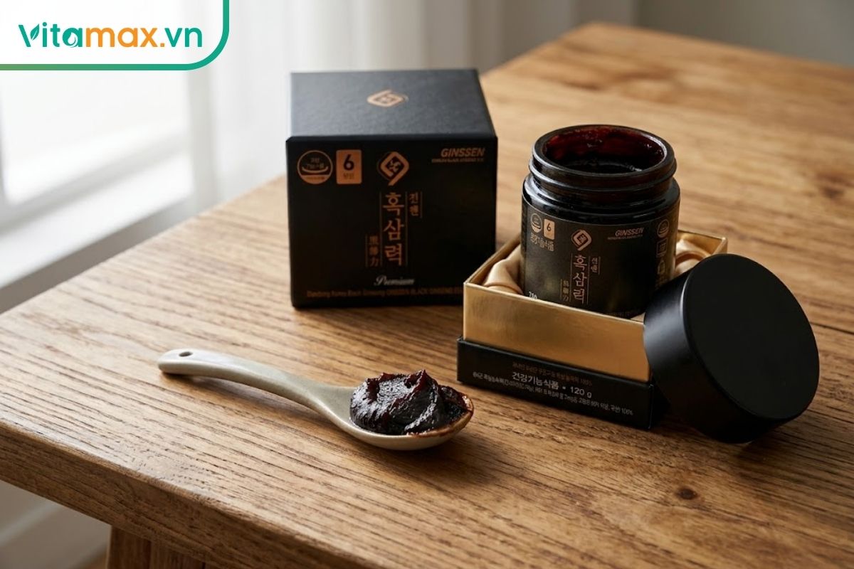 Hũ cao hắc sâm Daedong 120g đặt cạnh thìa chứa cao màu nâu đen cô đặc, giúp nhận diện sản phẩm và quan sát kết cấu thực tế.