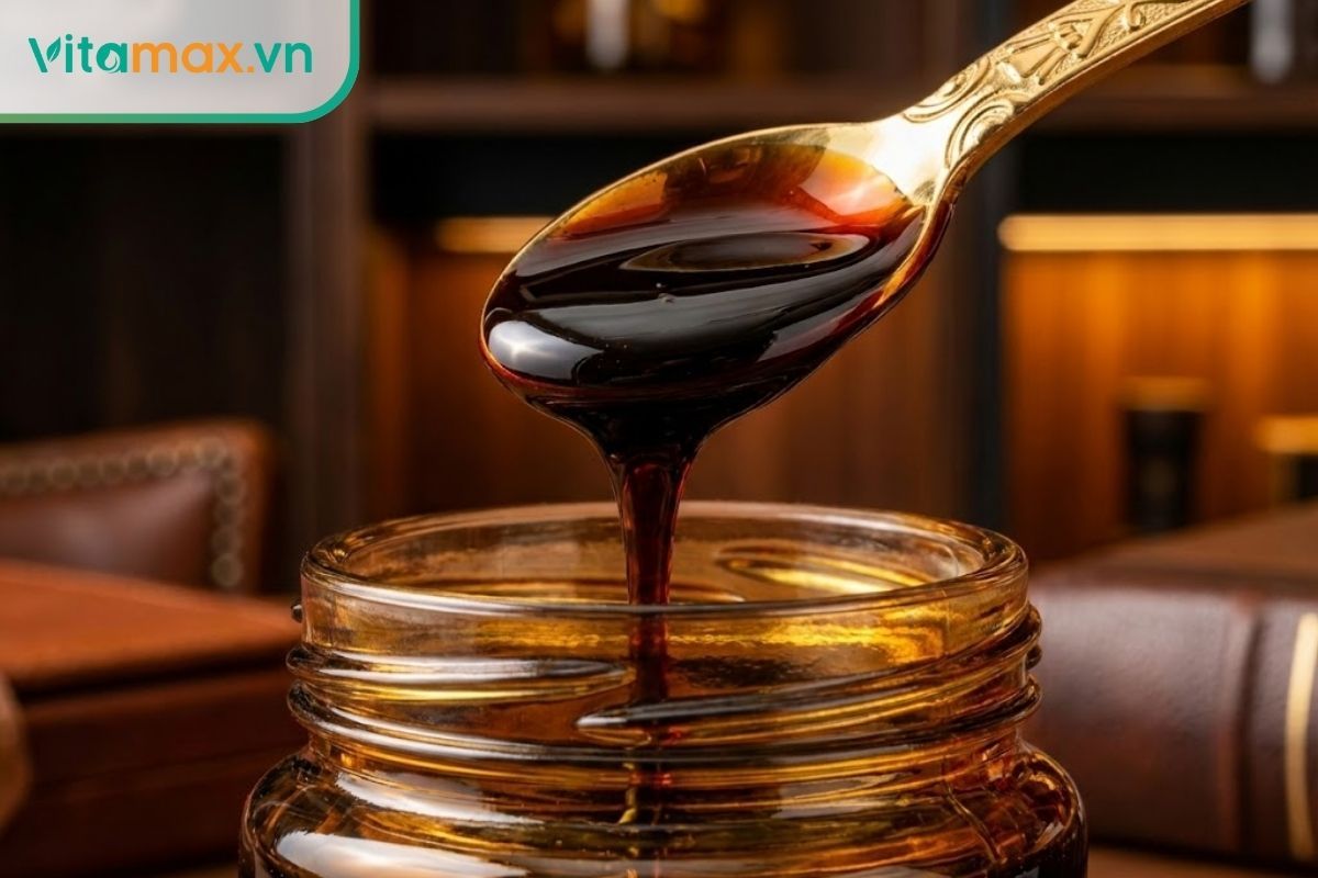 Một thìa cao hồng sâm đen nhánh, sánh mịn đang được múc lên từ hũ, thể hiện độ cô đặc của dược chất.