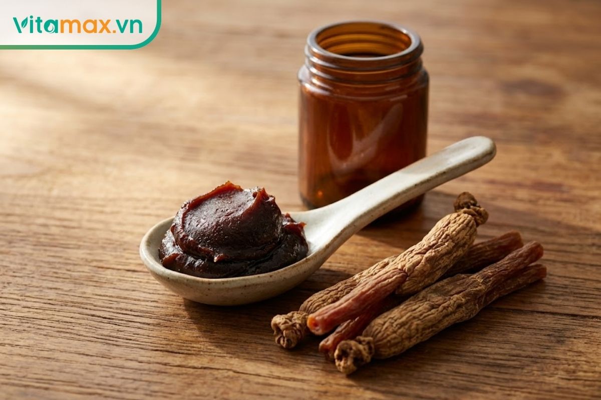Thìa cao hồng sâm Hàn Quốc màu nâu đậm đặt cạnh hũ cao và củ hồng sâm khô trên bàn gỗ, thể hiện kết cấu cao cô đặc.