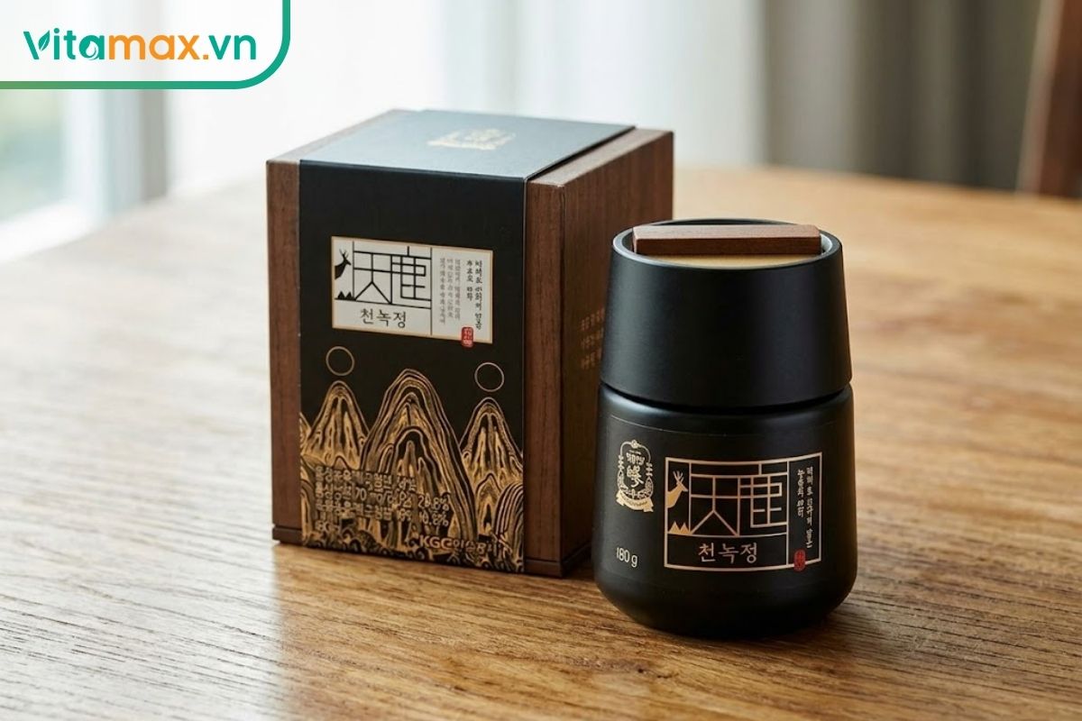 Hũ cao hồng sâm nhung hươu KGC Cheon Nok Extract 180g màu đen đặt cạnh hộp sản phẩm có họa tiết núi và chi tiết ánh vàng.