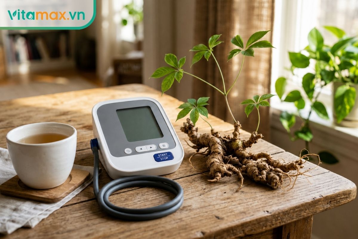 Máy đo huyết áp điện tử đặt cạnh một củ sâm Ngọc Linh tươi trên mặt bàn gỗ trong bối cảnh ánh sáng ấm áp, thể hiện sự kết hợp giữa y học hiện đại và dược liệu truyền thống.