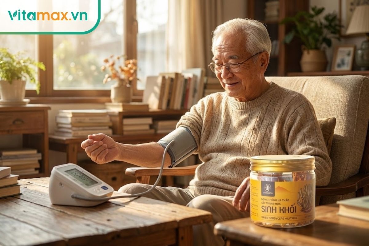 Người cao tuổi đang đo huyết áp tại nhà với tâm trạng thoải mái, bên cạnh là hộp đông trùng hạ thảo khô.
