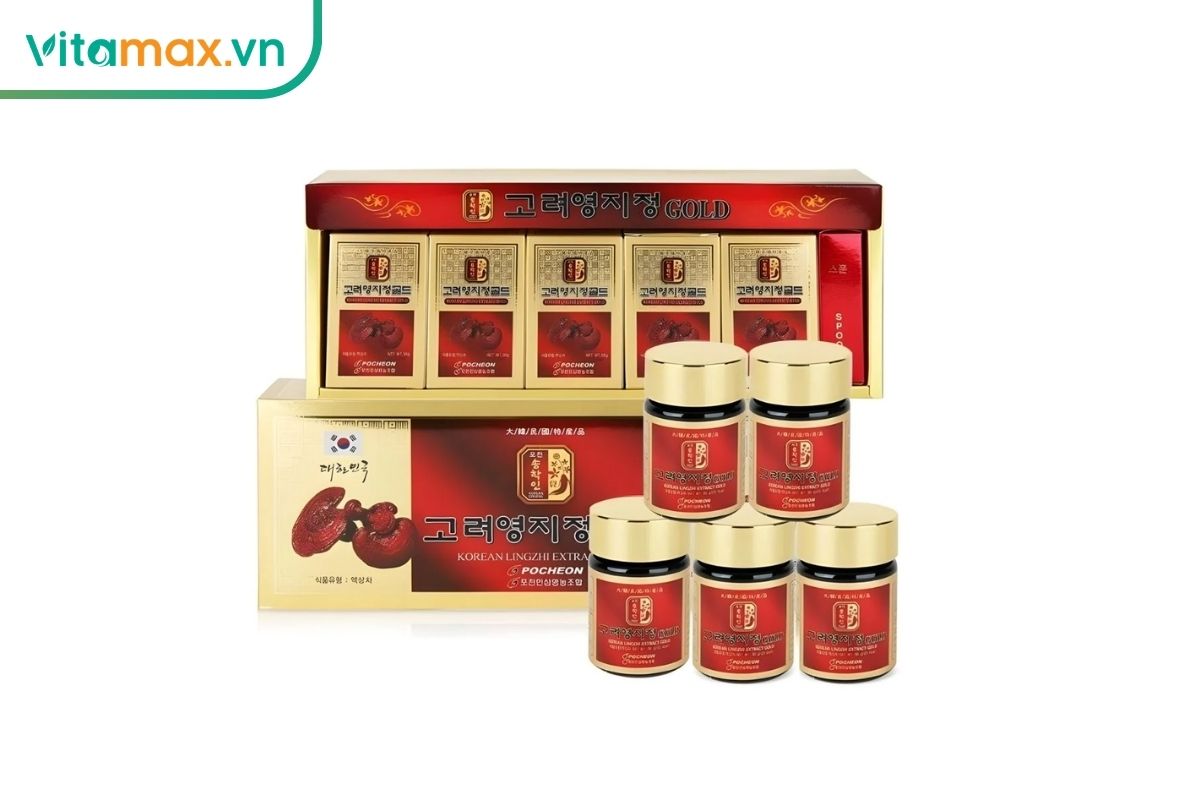 Bộ Cao linh chi Pocheon gồm hộp màu đỏ vàng và năm lọ cao linh chi dùng pha với nước ấm