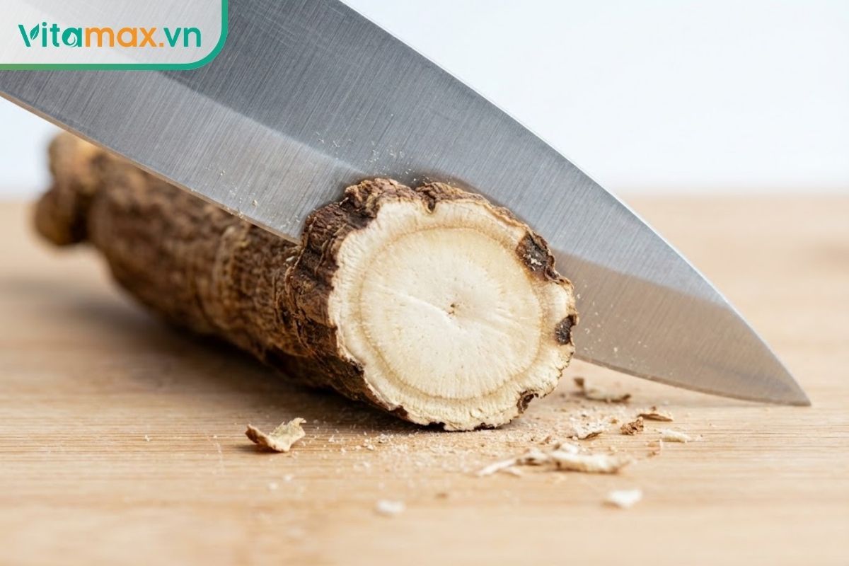 Dùng dao sắc cắt bỏ dứt khoát phần sâm bị mốc, lộ ra phần lõi bên trong còn tươi tốt và đồng màu.