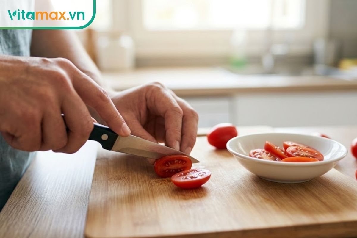 Cận cảnh đôi bàn tay người mẹ dùng dao nhỏ cắt dọc quả cà chua bi thành 4 miếng dài trên thớt gỗ sạch, bên cạnh là một bát nhỏ đựng các miếng cà chua bi đã được cắt dọc an toàn.