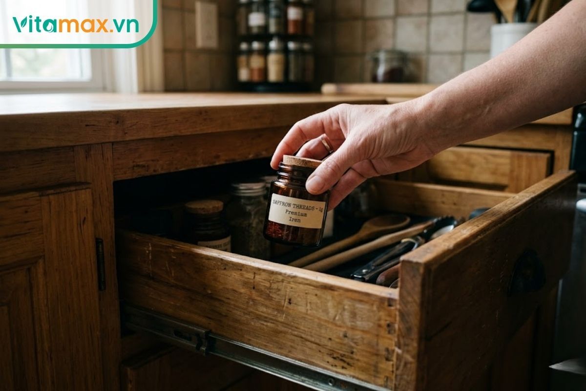 Đặt hũ thủy tinh chứa saffron vào một ngăn kéo tủ gỗ khô ráo, sạch sẽ và tối để tránh ánh sáng trực tiếp.