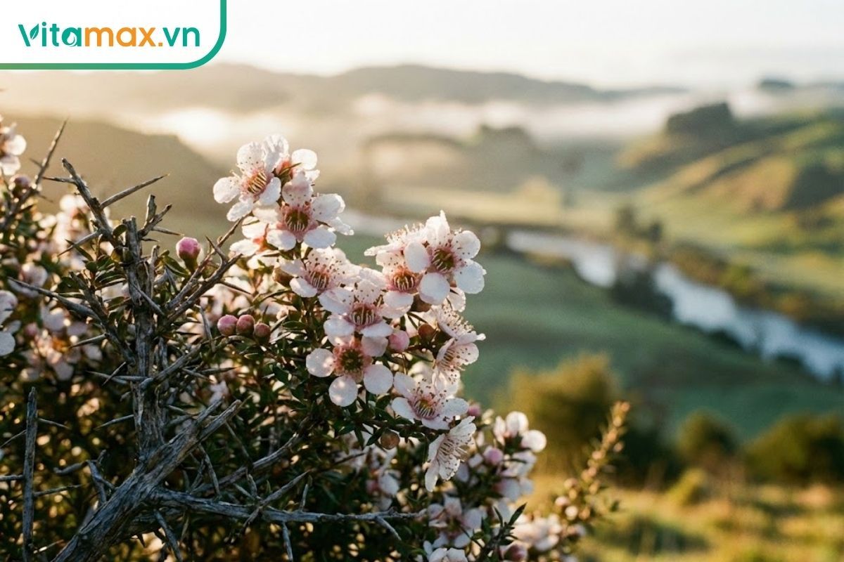 Hoa Manuka (Leptospermum scoparium) nở trắng xóa tại vùng nguyên liệu tự nhiên ở New Zealand và Úc.