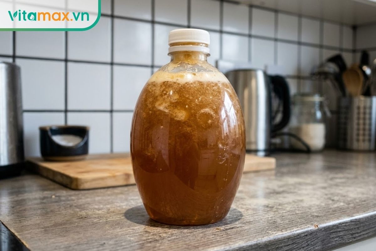 Chai nhựa đựng mật ong bị phồng căng biến dạng do áp suất khí CO2 tích tụ từ quá trình lên men bên trong.