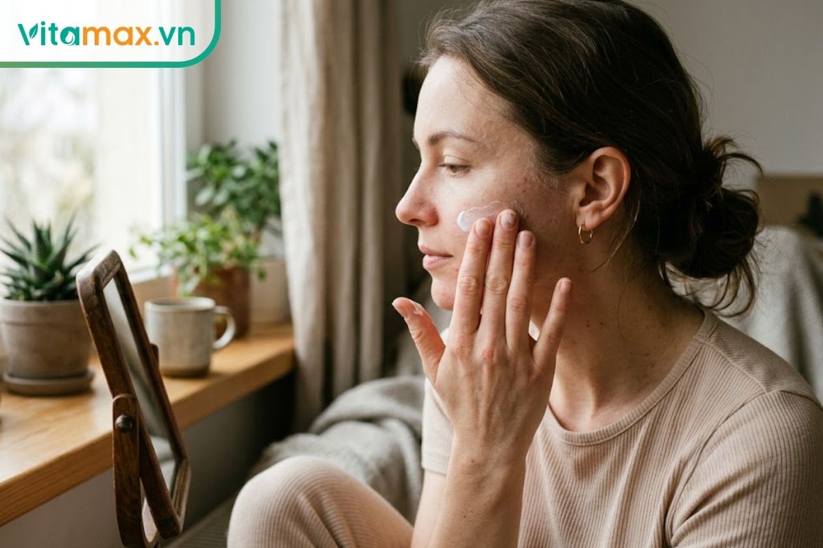 Một người phụ nữ đang nhẹ nhàng thoa kem dưỡng ẩm lên vùng má bằng tay trần trong không gian phòng có ánh sáng ban mai dịu nhẹ.