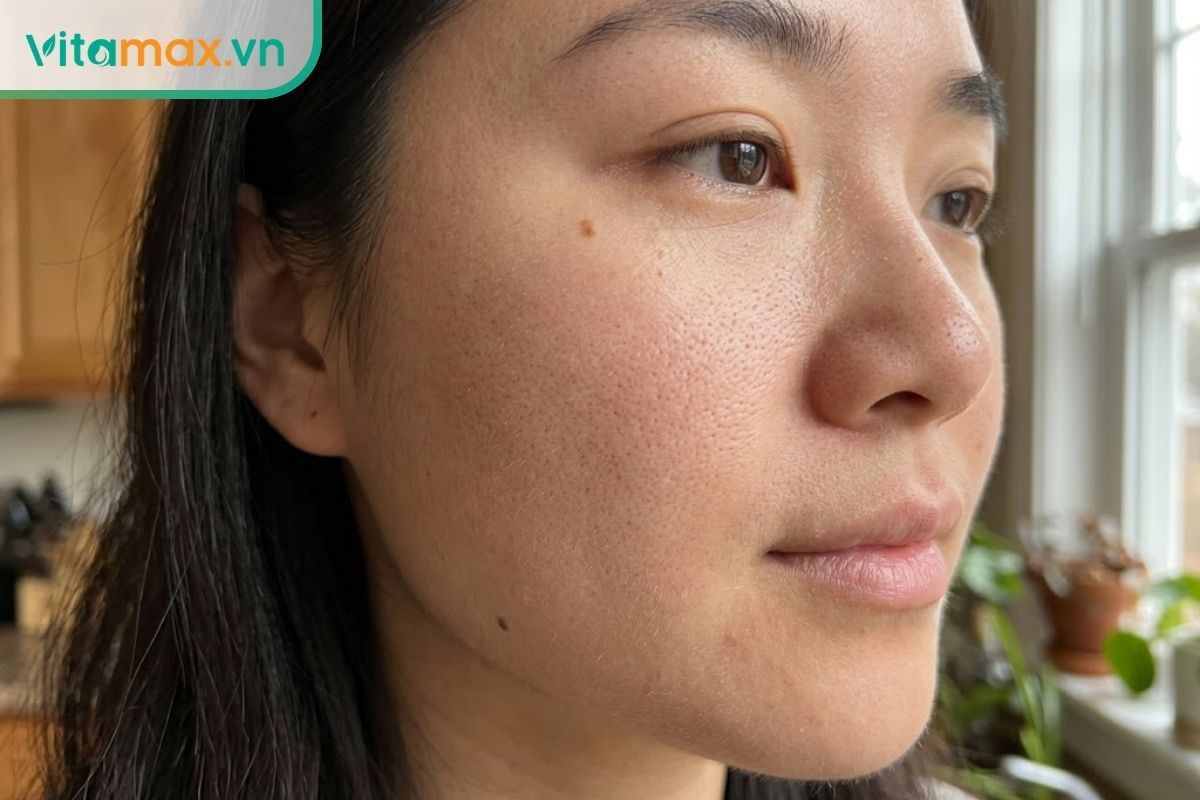 Cận cảnh làn da mộc tự nhiên của một người phụ nữ dưới ánh sáng thường, không trang điểm, có khuyết điểm nhỏ nhưng khỏe mạnh và đều màu.