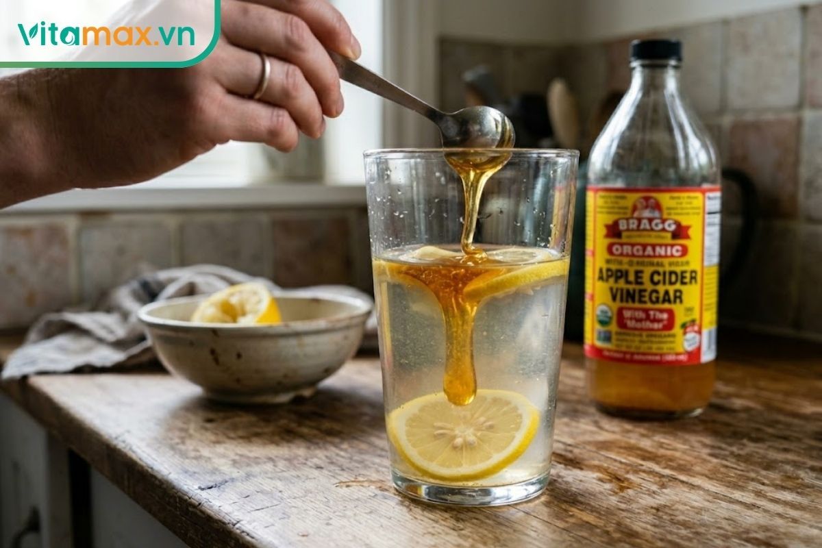 Cách pha giấm táo với chanh mật ong thật loãng trong ly nước lớn để bảo vệ dạ dày và men răng.