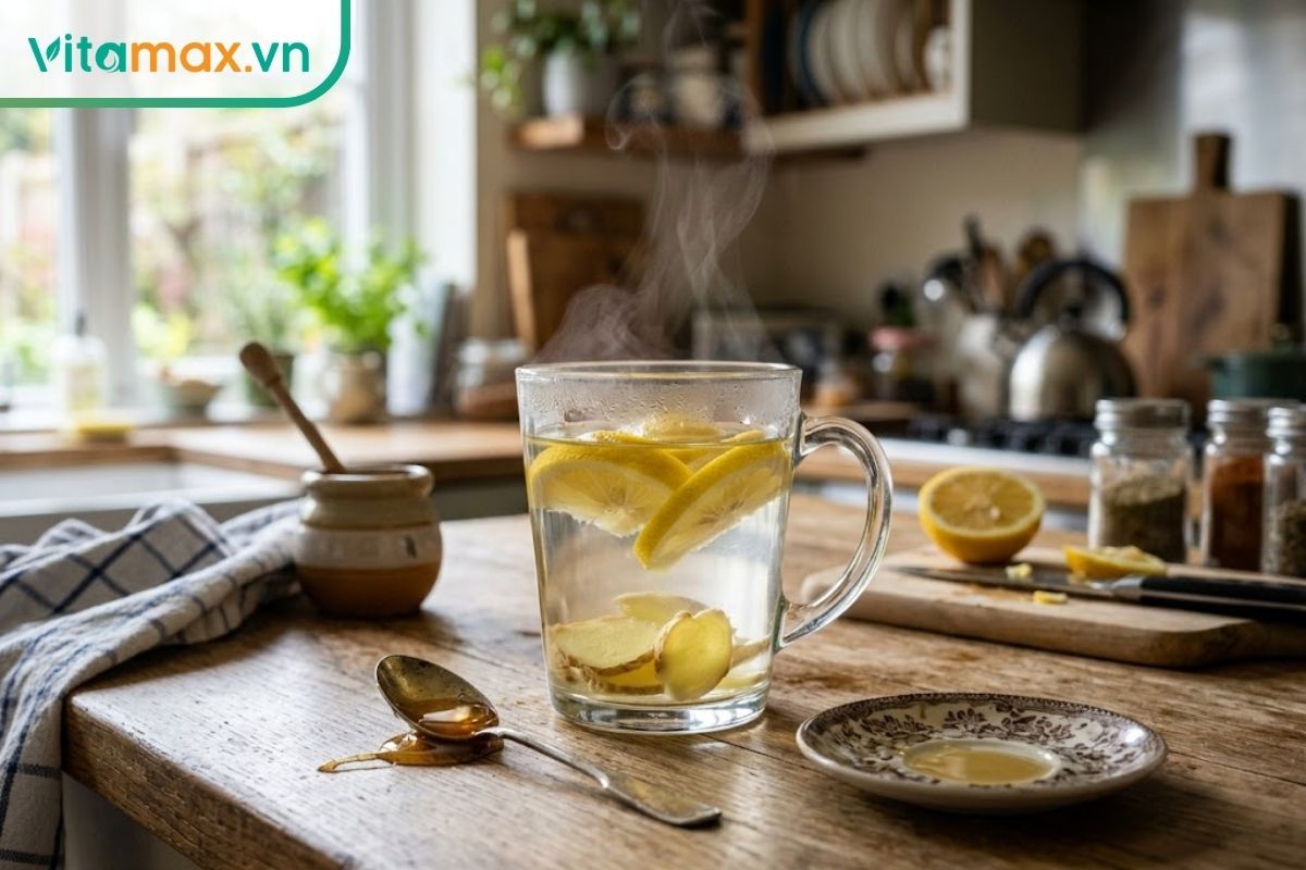 Ly nước chanh mật ong pha cùng vài lát gừng tươi cắt mỏng giúp làm ấm bụng, hỗ trợ tiêu hóa và kiểm soát cân nặng.