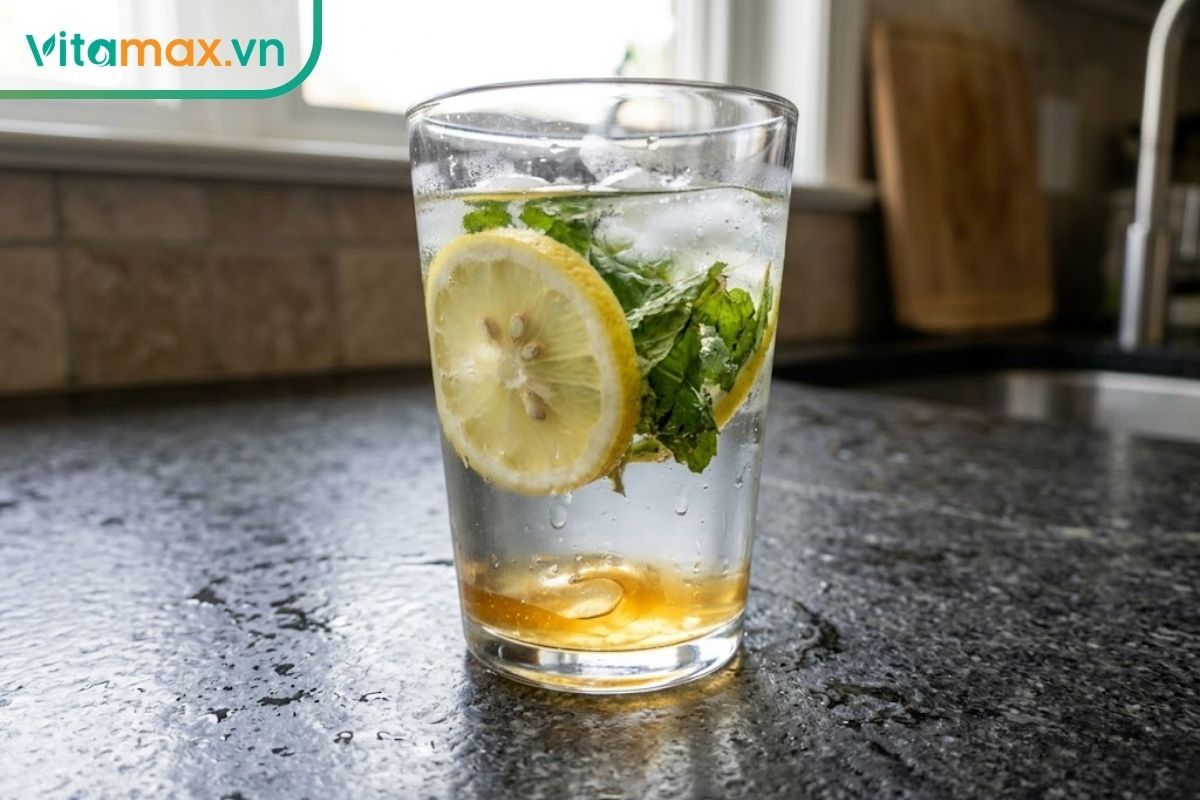 Ly nước chanh mật ong hòa quyện cùng vài lá bạc hà tươi hơi vò nát, tạo thức uống thơm mát giúp làm dịu cảm giác đầy bụng.