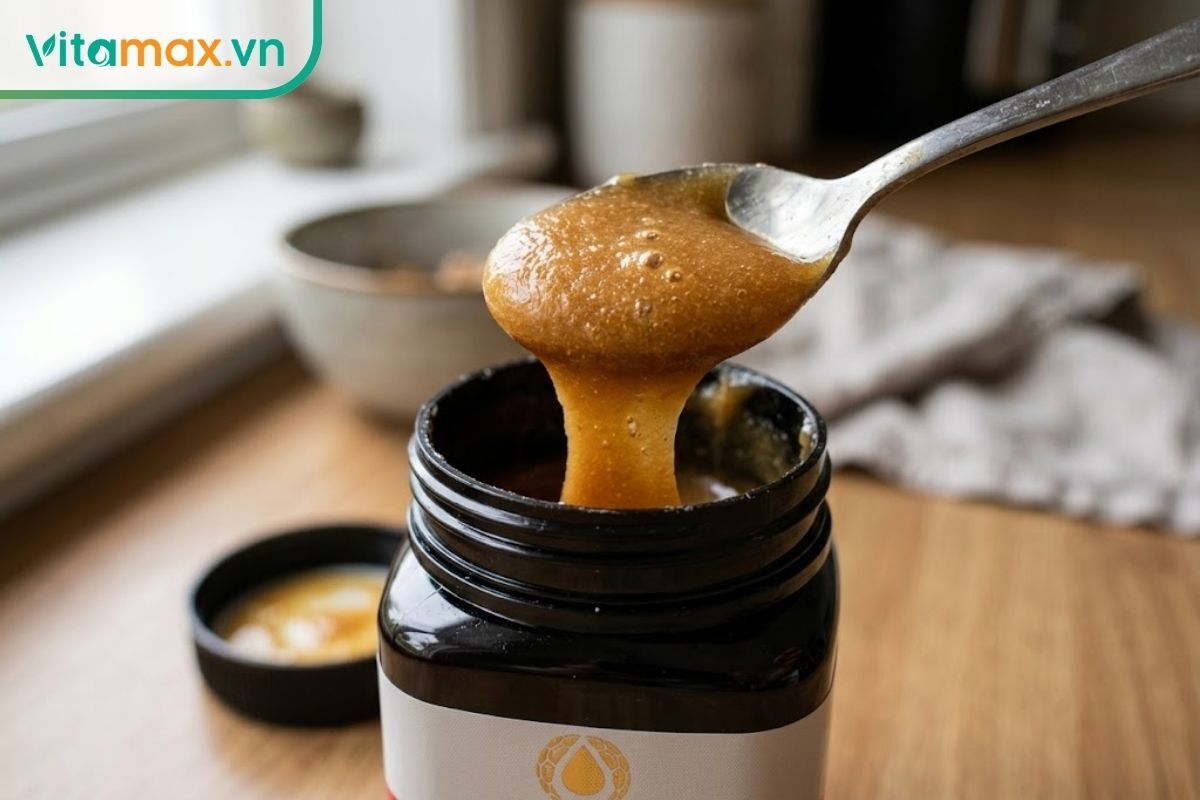 Cận cảnh thìa mật ong Manuka nguyên chất đặc quánh chuẩn bị được pha cùng nước chanh ấm.