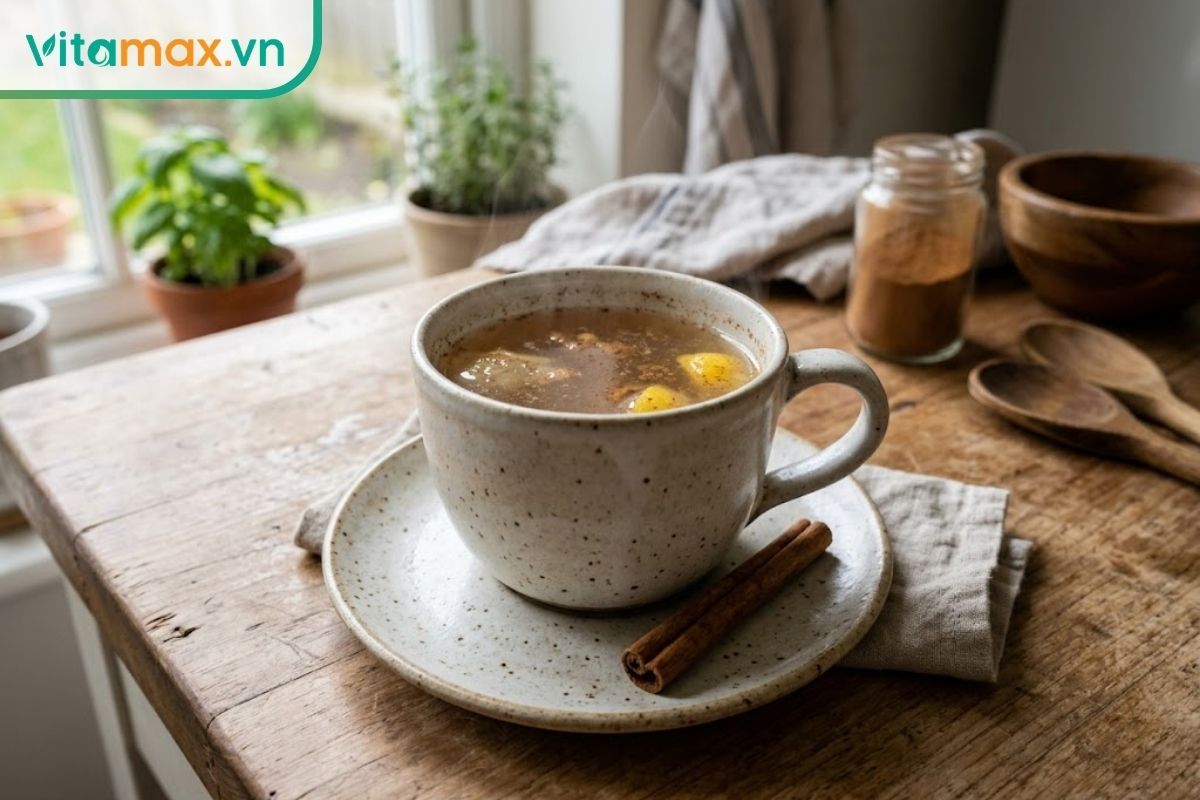 Cốc nước chanh mật ong quế có màu nâu nhạt thanh tao, hơi bốc khói nhẹ, hỗ trợ đốt mỡ bụng hiệu quả.