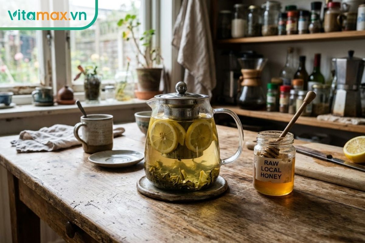 Ly trà xanh tươi mát kết hợp với chanh và mật ong, lựa chọn thay thế đồ uống ngọt để giảm mỡ bụng.