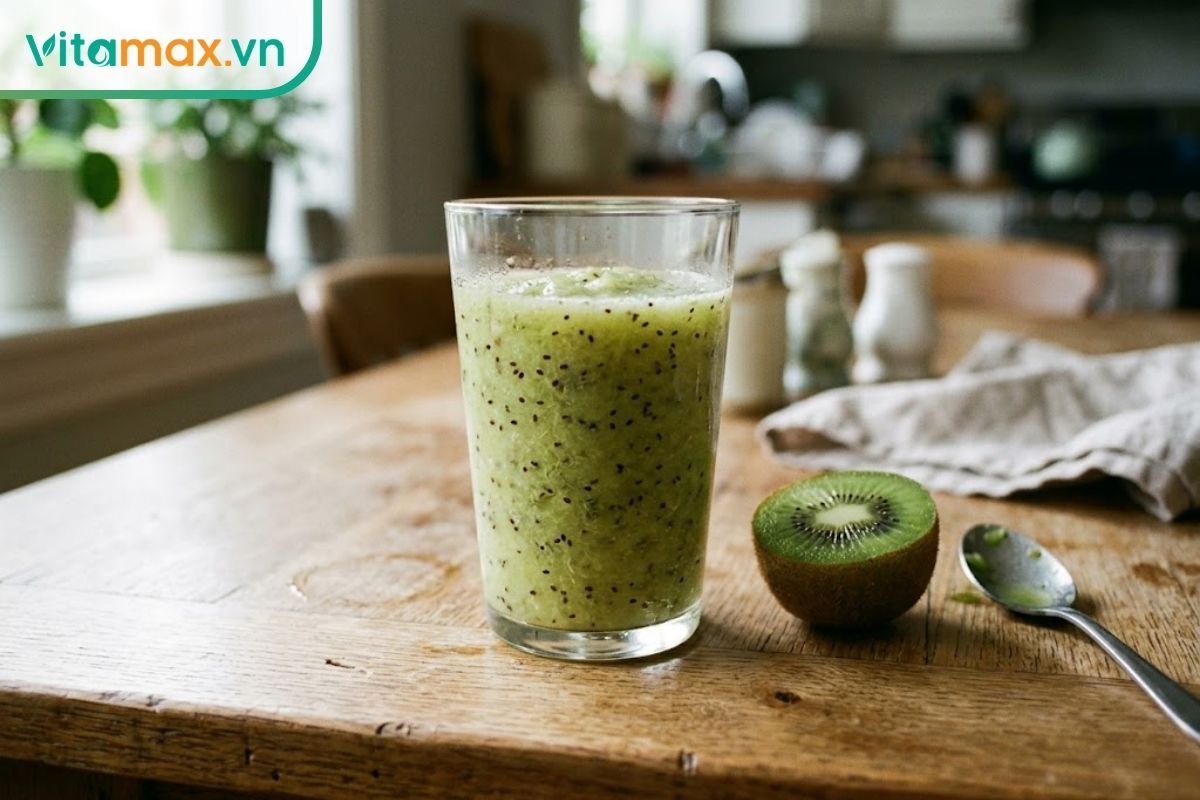 Cốc nước chanh mật ong pha cùng phần thịt quả kiwi đã được xay nhuyễn, giữ lại lớp xơ tự nhiên giúp no lâu.