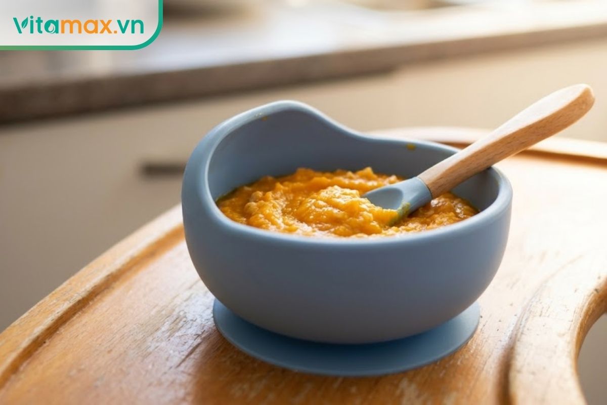 Cận cảnh một bát cháo ăn dặm nấu chín mềm có màu vàng cam của bí đỏ mixed với thịt gà băm thật nhỏ, đặt trên khay ăn dặm gỗ, ánh sáng tự nhiên ấm áp từ cửa sổ.