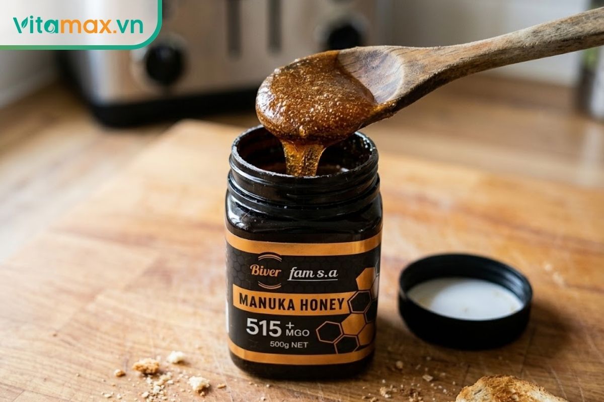 Cận cảnh thìa gỗ múc mật ong Manuka thật với kết cấu đặc sánh, sùi bọt khí tự nhiên và màu nâu sẫm.