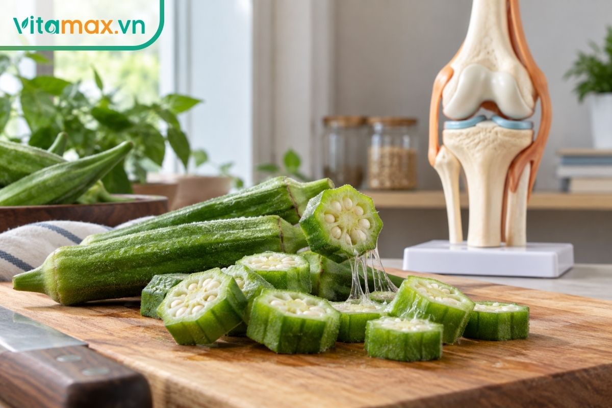 Đậu bắp cắt lát có chất nhầy ở tiền cảnh và mô hình khớp gối phía sau, minh họa hai cấu trúc sinh học khác nhau.