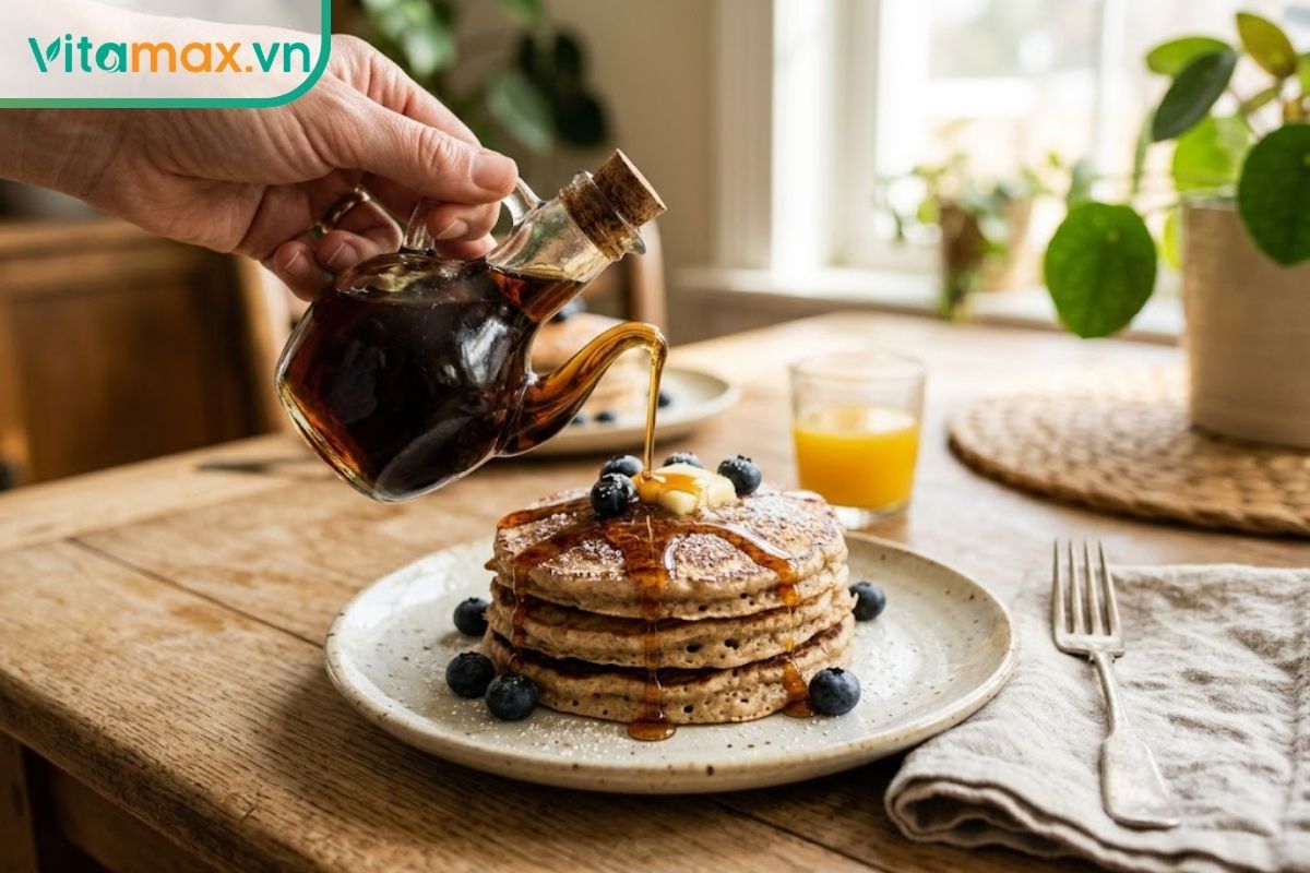 Một người đang rót siro cây phong lỏng màu nâu nhạt từ bình thủy tinh nhỏ lên đĩa bánh pancake yến mạch thơm ngon, bối cảnh bàn ăn gia đình.