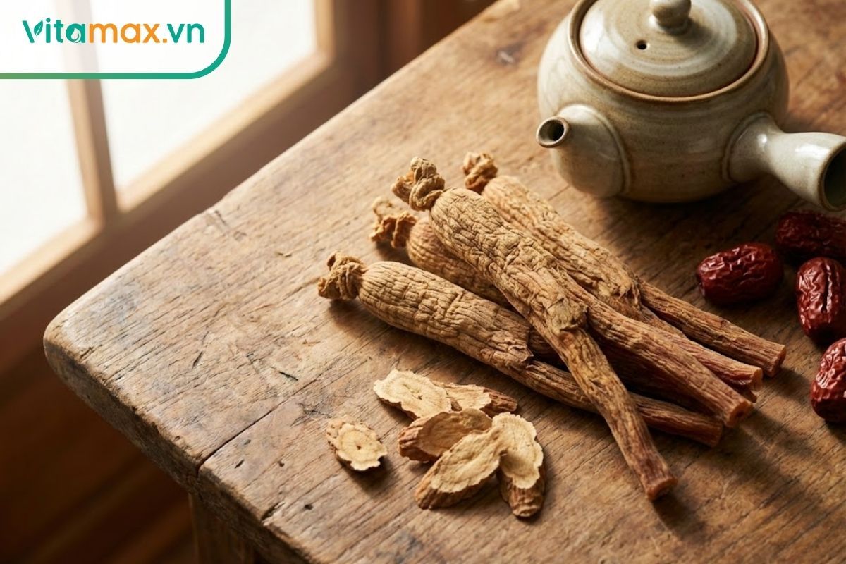 Các loại sâm khô Hàn Quốc và trà sâm trên bàn gỗ truyền thống.