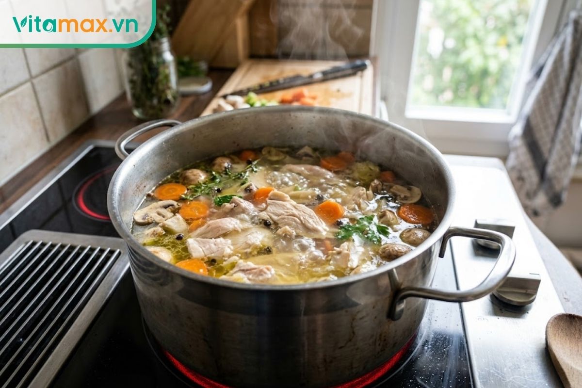 Một nồi canh gà đang sôi nhẹ và bốc khói trên bếp từ, bên trong có các miếng thịt nạc gà nấu cùng nấm và cà rốt.