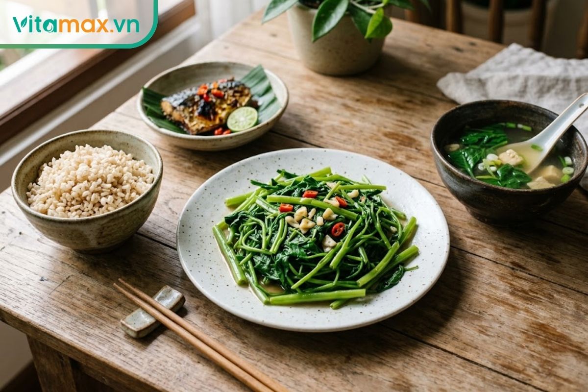 Cận cảnh một bàn ăn lành mạnh với đĩa rau muống luộc xanh tươi, bát cơm gạo lứt và các món ăn kèm từ cá, thịt nạc, thể hiện chế độ ăn cân bằng dinh dưỡng.