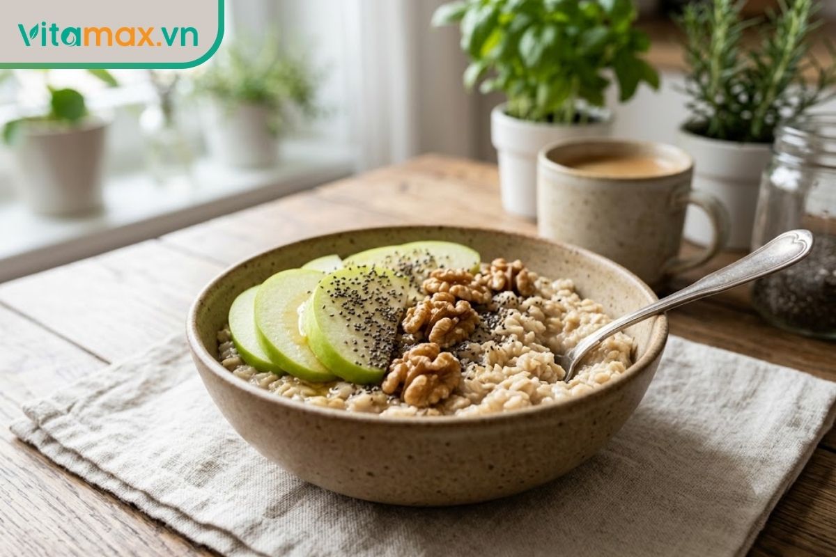 Một bát yến mạch nấu chín ăn kèm với các loại hạt óc chó, hạnh nhân, vài lát táo xanh và được rưới một lượng rất nhỏ mật ong lên trên bề mặt, đặt trên bàn gỗ.