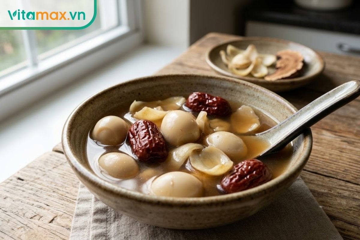 Bát chè linh chi có trứng cút, táo đỏ và bách hợp trong phần nước màu nâu hổ phách, dùng khi còn ấm.