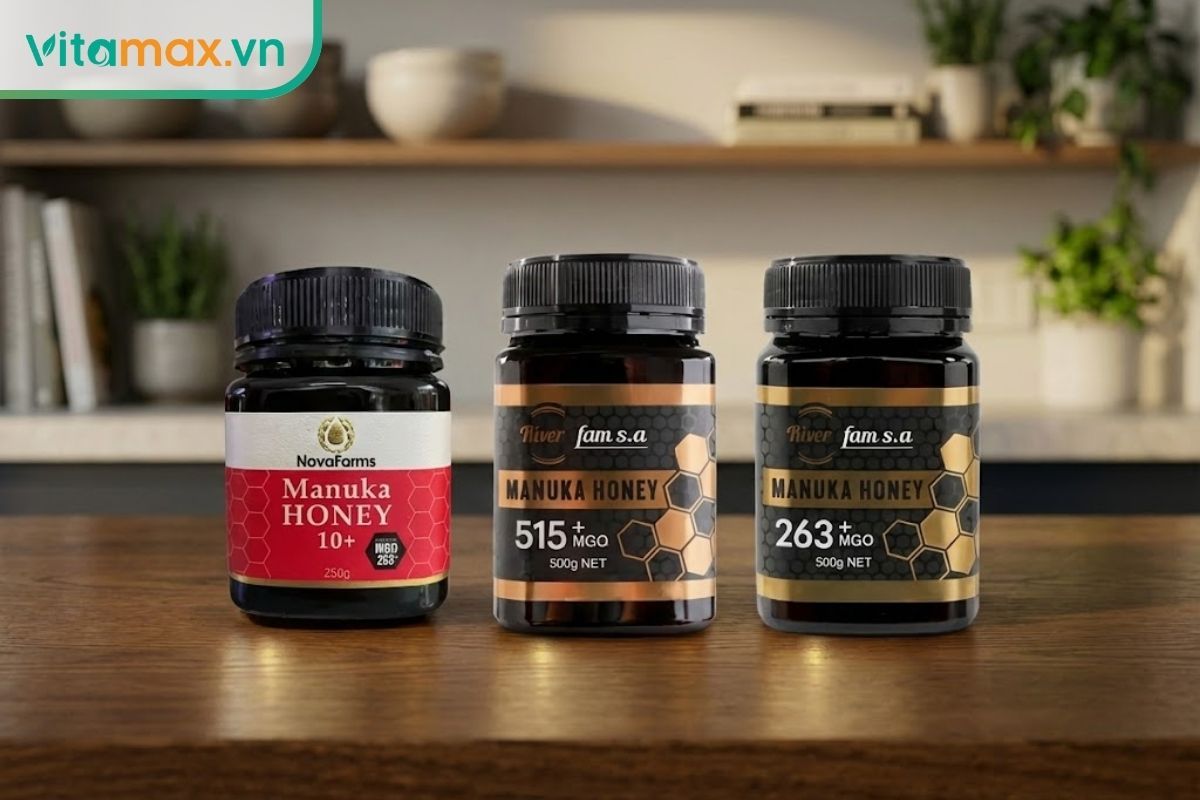 Các hũ mật ong Manuka với nhãn ghi rõ chỉ số UMF 10+, 15+ và MGO 250, 400.