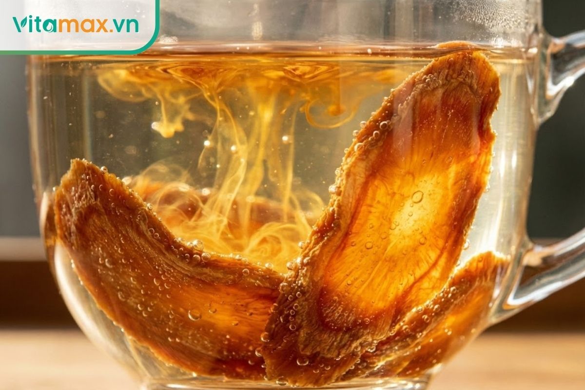 Cận cảnh lát hồng sâm đang tỏa dưỡng chất saponin trong ly nước nóng.