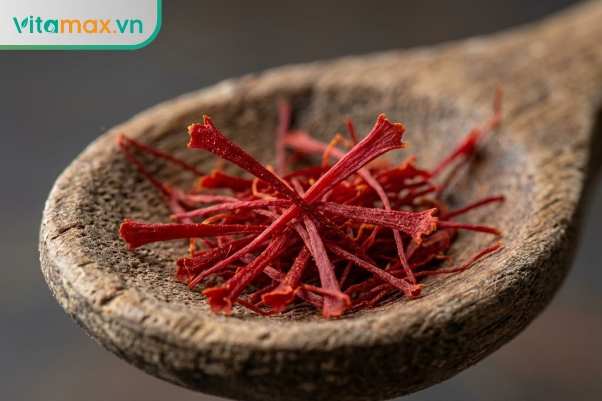 Cận cảnh những sợi nhụy hoa nghệ tây (saffron) nguyên chất có màu đỏ sẫm, thân to và phần loe ở đầu nhụy, được đặt trên một chiếc muỗng gỗ mộc mạc.