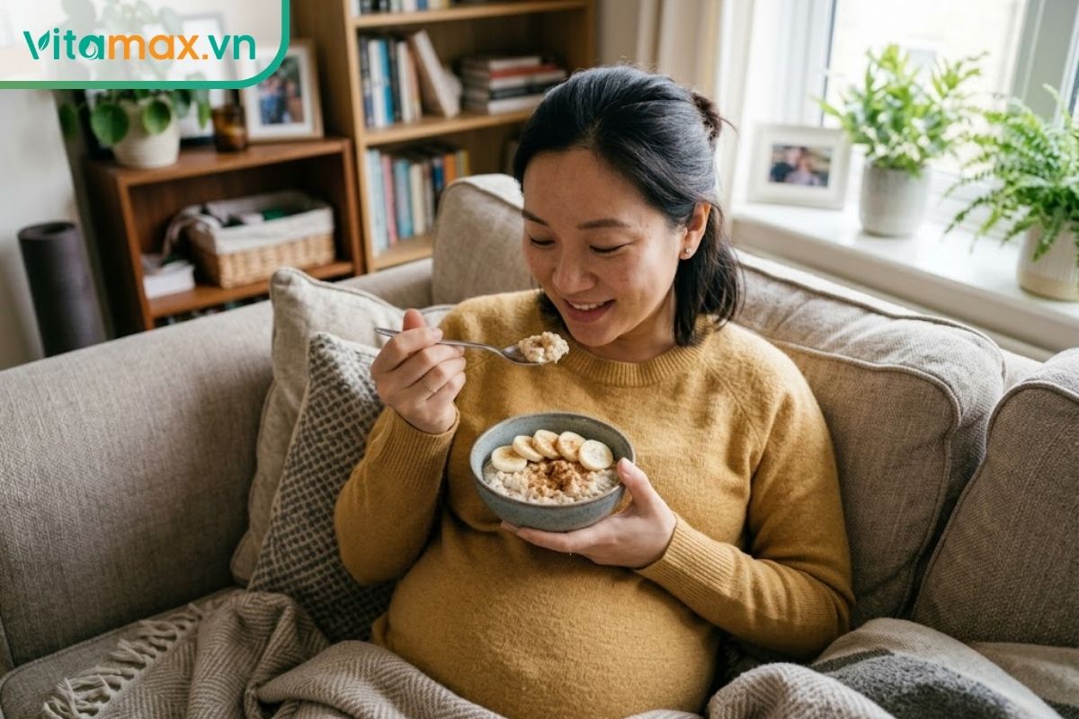 Phụ nữ mang thai đang ngồi trên sofa, tay cầm một bát súp nhỏ hoặc cháo yến mạch ấm, ăn thành từng miếng nhỏ với vẻ mặt thư giãn.