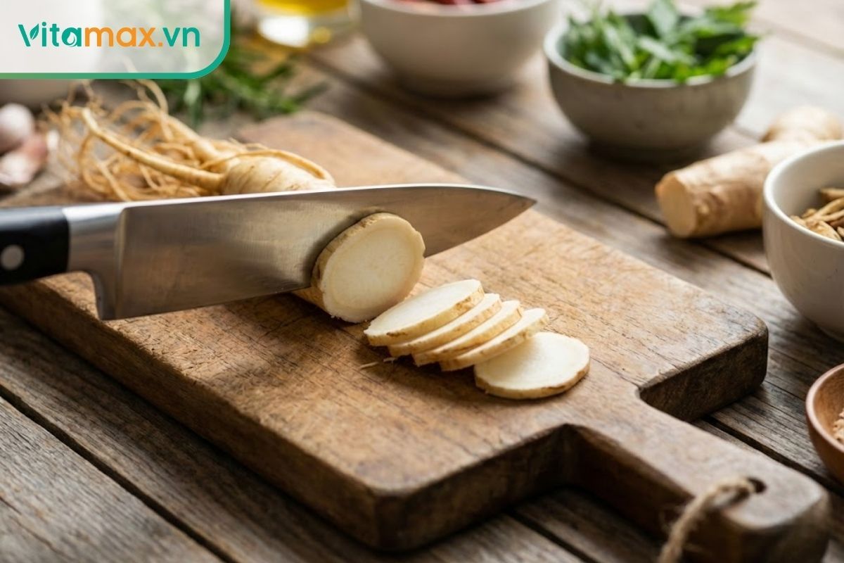 Cắt lát sâm tươi trên thớt gỗ để chia nhỏ khẩu phần.