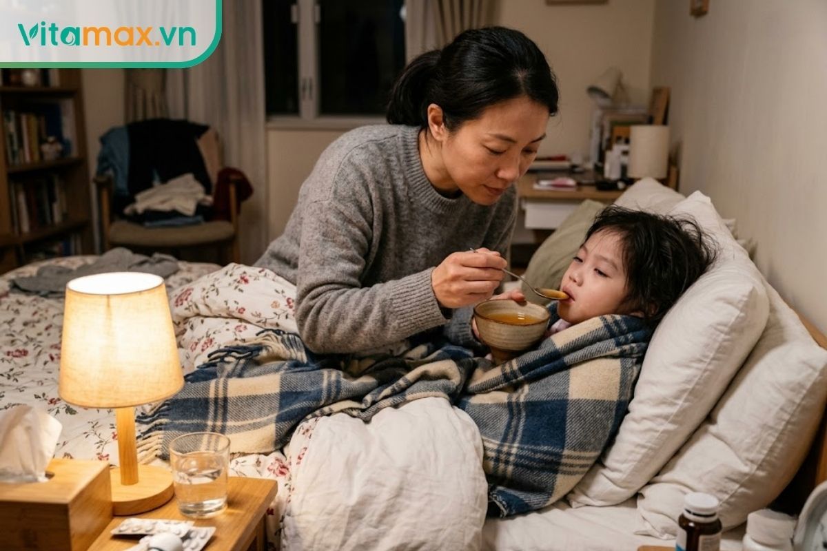 Một người mẹ đang cẩn thận múc một thìa nước lê hấp mật ong ấm đút cho đứa trẻ lớn đang ngồi nghỉ trên giường.