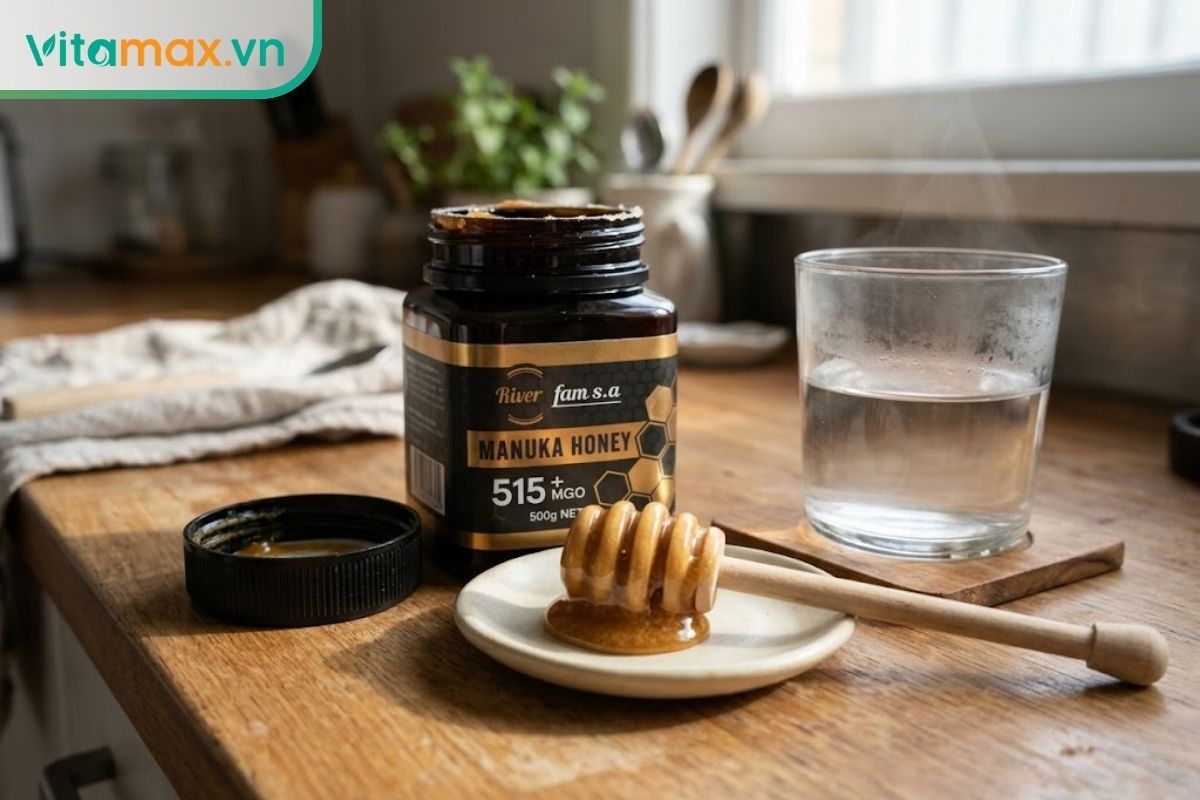 Một hũ mật ong Manuka đã được mở nắp, chất mật đặc sánh, đặt trên bàn bếp gỗ cạnh một ly nước ấm đang uống dở.