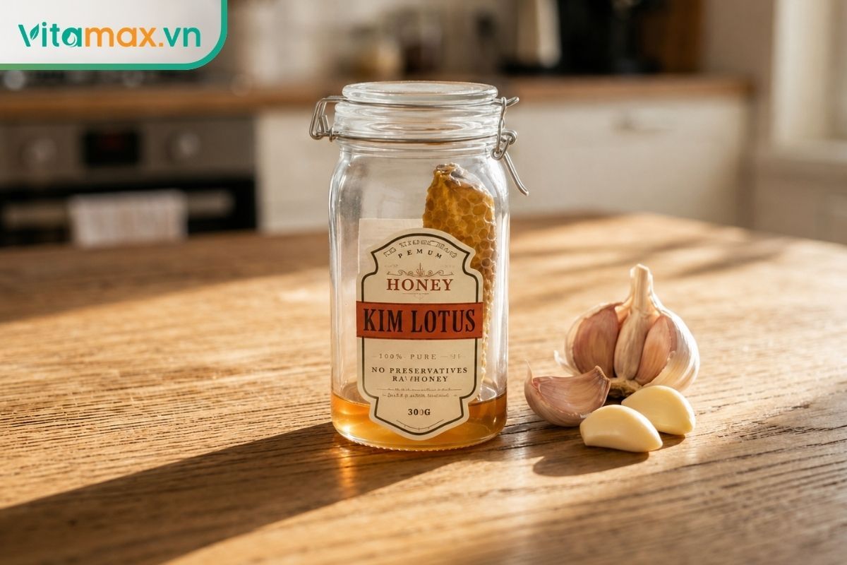 Một hũ thủy tinh đựng mật ong nguyên chất sẫm màu, đặc sánh với nhãn mác giấy kraft mộc mạc không in logo, đặt cạnh vài tép tỏi tươi trên bàn ăn bằng gỗ, mang lại cảm giác cao cấp và tự nhiên.