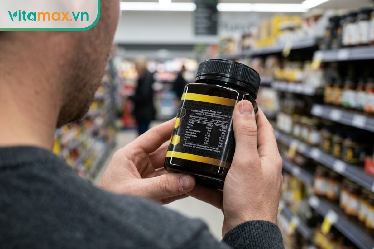 Cận cảnh một người đang cầm chai mật ong nguyên chất đọc kỹ nhãn mác để kiểm tra chất lượng và thành phần trước khi sử dụng.