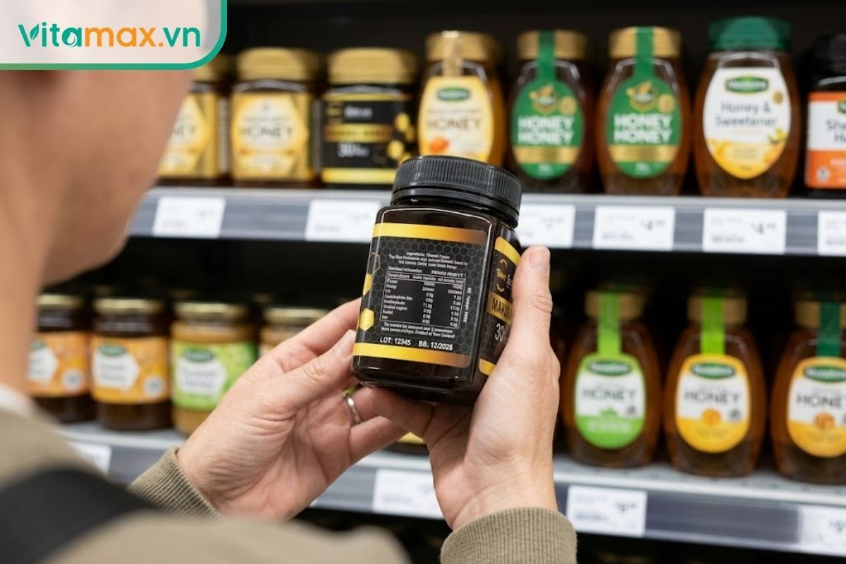 Bàn tay người dùng đang cầm hũ mật ong trên kệ siêu thị và chăm chú đọc nhãn mác để kiểm tra thông tin xuất xứ trước khi mua về dùng.