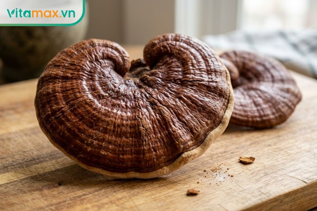 Cận cảnh mặt trên và mặt dưới của một tai nấm linh chi Hàn Quốc khô chất lượng cao, màu nâu đỏ đặc trưng, bề mặt nhẵn bóng không có vết mốc, đặt trên thớt gỗ.