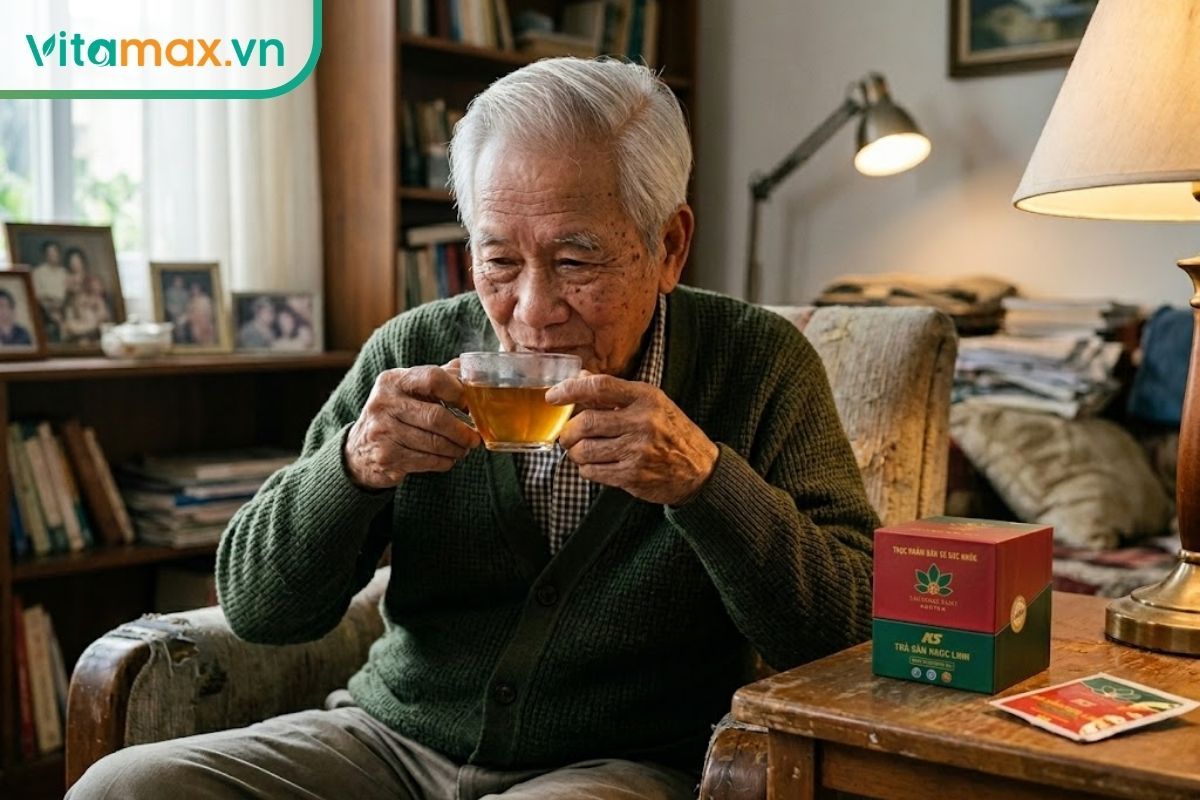 Một người đàn ông lớn tuổi với mái tóc hoa râm đang ngồi thư giãn ở phòng khách và thưởng thức ly trà sâm Ngọc Linh ấm nóng.
