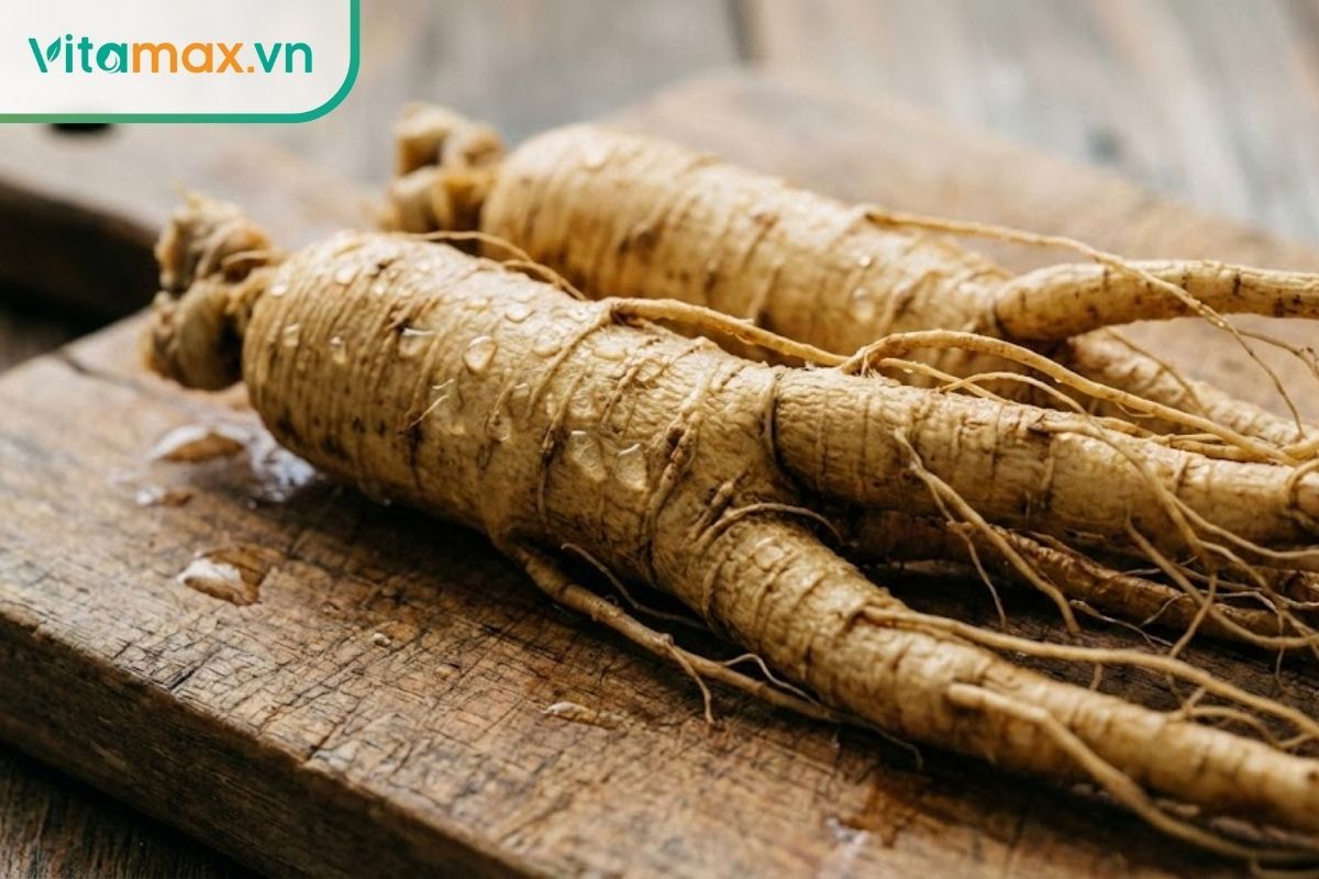củ nhân sâm tươi nguyên rễ được rửa sạch chuẩn bị nấu canh