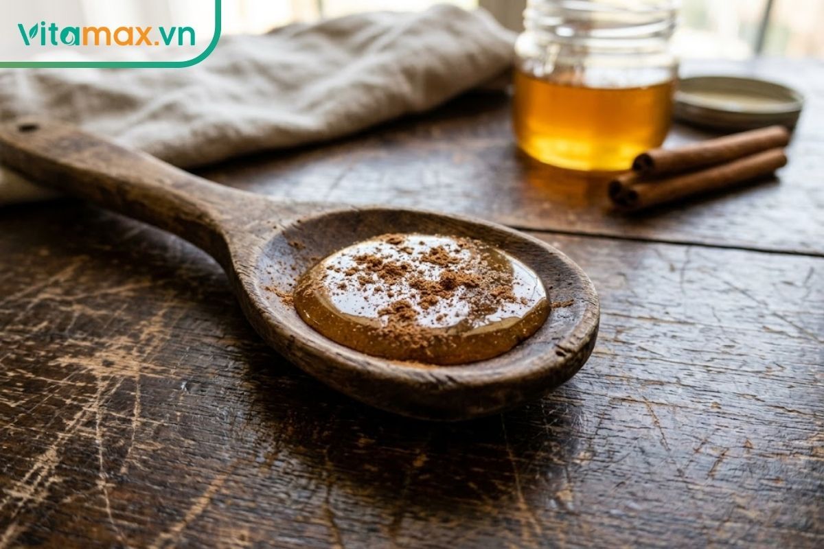 Cận cảnh chiếc thìa gỗ đong đầy mật ong đặc sánh, bề mặt được rắc nhẹ một lớp bột quế mịn màu nâu sẫm, đặt trên bàn gỗ.