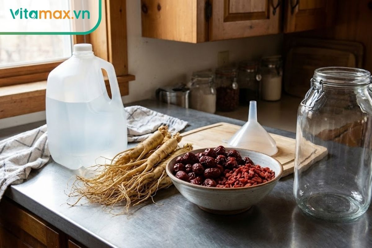 các nguyên liệu gồm sâm tươi táo đỏ kỷ tử và bình rượu nếp đặt trên bàn bếp