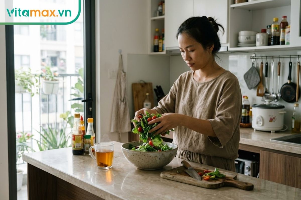 Người phụ nữ chuẩn bị bữa ăn lành mạnh giàu chất xơ bên cạnh cốc nước nấm linh chi màu hổ phách giúp hỗ trợ chuyển hóa chất béo.